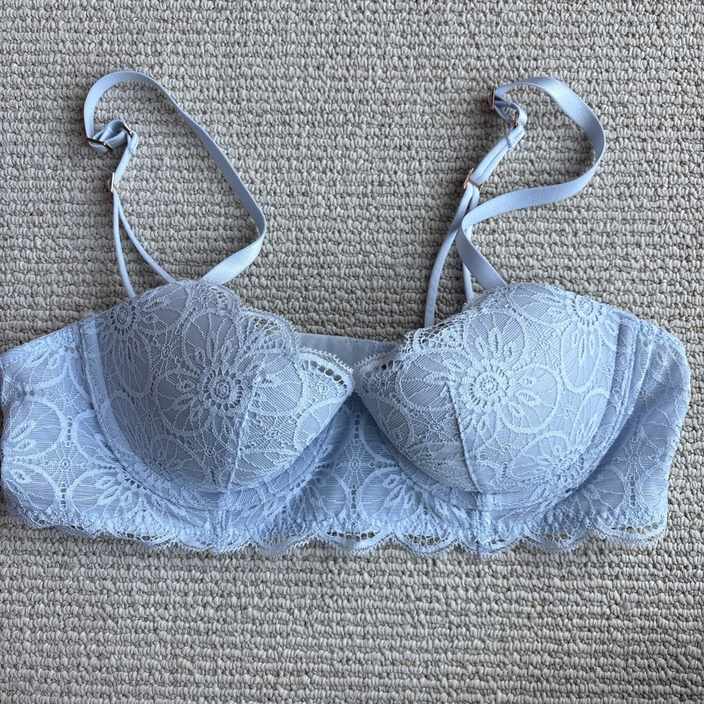 Aerie Real Power Balconette Lightly Lined Eyelash Lace Bra blue 36A underwire